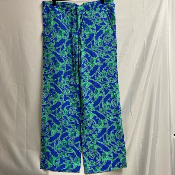 Vintage Lily Pulitzer Elephant Print Wide Leg Pants Blue Green Size Medium - Picture 1 of 7